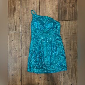 Light blue/teal sequin dress, women’s size 10, one strap, supported bra pads